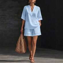 (Free Shipping)2026 Spring/Summer Women's Solid Color V-Neck Linen-Cotton Casual Top And Shorts Two-Piece Set - Blue - View 2