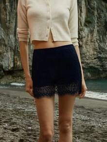Womenacute;s Elegant Lace Mini Skirt With Inner Shorts Scalloped Hem Sheer Floral Pattern High Waist Party Night Out Bottoms - Negro - Ver 3