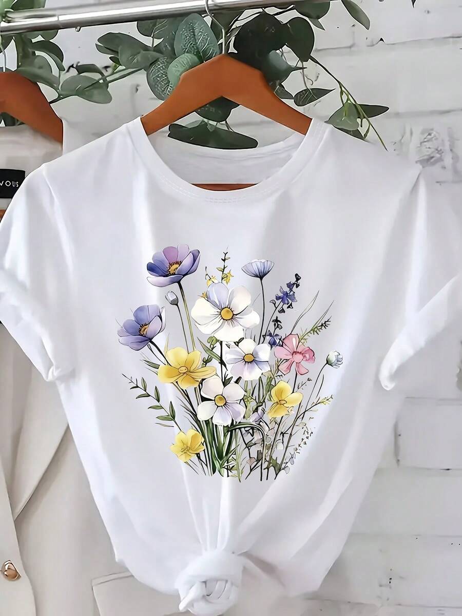 Talla Grande, Novedad de las Cuatro Estaciones, Camiseta Casual de Mujer de Talla Grande con Estampado Floral Colorido, Cuello Redondo, Manga Corta Holgada - Uso Diario, Tejido Transpirable Lavable a Máquina, Esencial para un Guardarropa Moderno, Camiseta de Algodón Cómoda para Mujer - Blanco - Ver 1