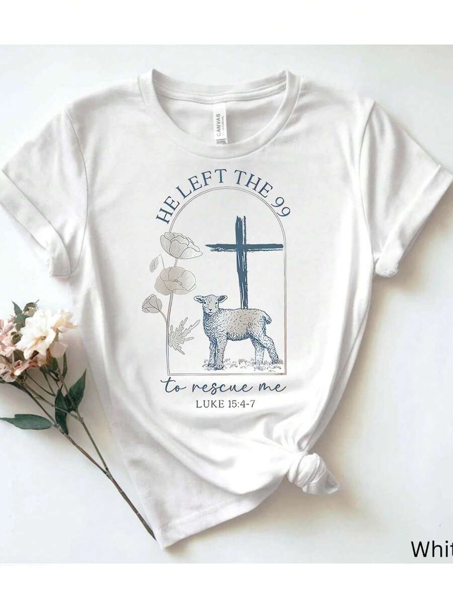 Camiseta de algodón blanca para mujer: "Dejó 99 para salvarme" temática religiosa - Blanco - Ver 1