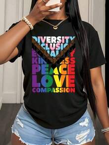 Diversity Inclusion Equality Kindness Peace Love Compassion Pride Rainbow T-Shirt For Women And Men LGBTQ Plus Size Casual Wear For Pride Month, Festival Celebrations And Everyday Wear. - 黑色 - 查看 2