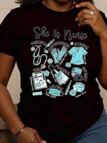 Camiseta de Algodón Puro para Mujer con Diseño Estampado 'Es Enfermera: Misericordiosa, Compasiva, Fuerte, Amable, Pacífica, Amante' - Cuello Redondo Casual, Suave, Cómoda, Tejido Elástico, Adecuada para Uso Diario y Festivo, Uso Estacional Todo el Año - Negro - Ver 6