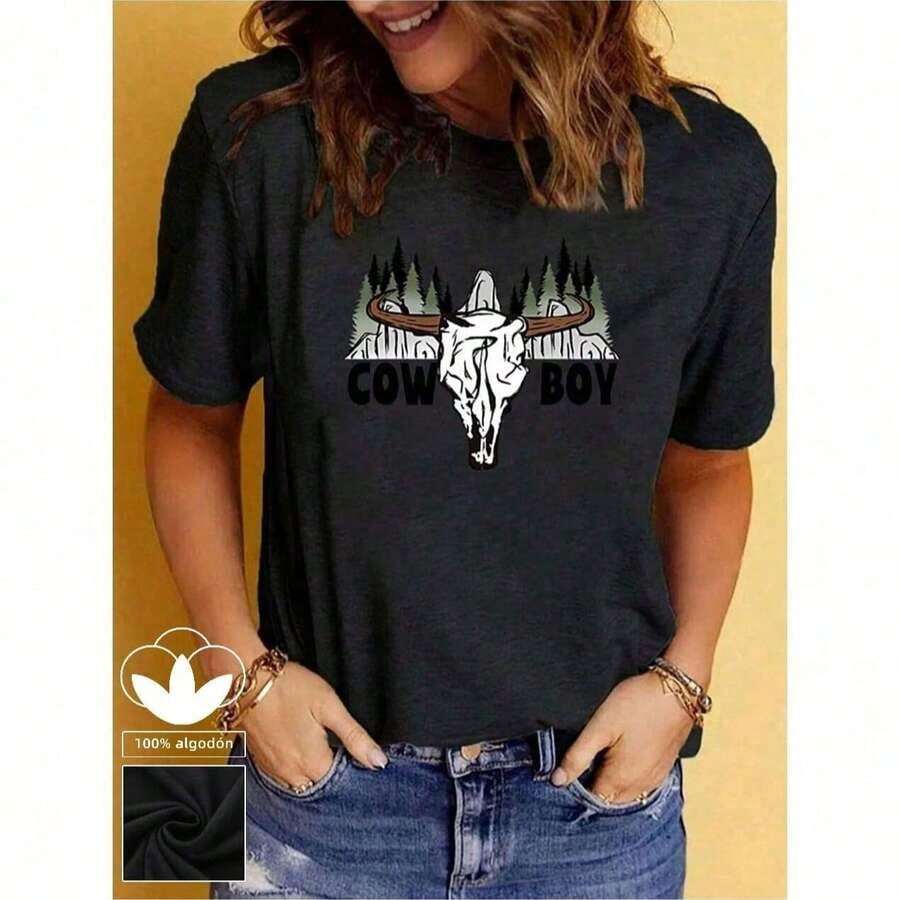 Women's Custom Casual Denim Print T-Shirt - 100% Cotton - Unisex Vintage Urban Style, Loose Fit Short Sleeve Cotton Crew Neck T-Shirt - 黑色 - 查看 1