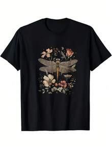 Camiseta con Diseño Floral de Libélula para Hombre y Mujer - Camiseta Gráfica Vintage de Inspiración Natural con Estampado Botánico, Perfecta para Uso Casual, Actividades al Aire Libre y Amantes de la Naturaleza. - Negro - Ver 2