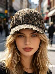 Topi Baseball Denim Motif Leopard American Vintage, Topi Pelindung Matahari Unisex dengan Huruf untuk Musim Semi dan Musim Panas, Membuat Wajah Terlihat Lebih Ramping & Serbaguna - B - View 4