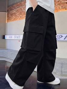 男士时尚多口袋直筒休闲裤，松紧腰设计，轻薄夏季款，适合送给男友或丈夫 - 黑色 - 查看 6