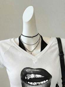 Camiseta de mujer casual de cuello en V retro, con atar, de manga corta y contraste de color, adecuada para el verano - Blanco 2 - Ver 5