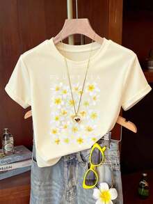 Women's Casual Short Sleeve Crew Neck T-Shirt With Graphic Slogan Print, Gift For Friends - 杏子 2 - 查看 5