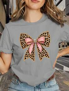 Camiseta de Mujer de Alta Calidad al por Mayor, Cómoda y Elegante, con Diseño de Lazo y Estampado de Leopardo, Estampado Único, Ideal para Conjuntos de Mejores Amigas, Estilo Holgado, Casual, Versátil, Cómoda y Amigable con la Piel, Cuello Redondo, Novedad 2026 - 100% Algodón Transpirable - Negro - Ver 7