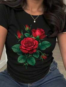 Nueva Colección Verano 2026 Desde Almacén Local. Camisetas con Estampado Floral de Rosas, Camiseta de Manga Corta con Cuello Redondo, Estilo Casual, Para Verano y Primavera, Camiseta de Algodón Puro de Moda Exquisita Americana para Mujer. Exquisito y Versátil, Clásico Adelgazante, Transpirable y Absorbente de Sudor. Lanzamiento de Nuevo Producto, 100% Algodón - Negro - Ver 1