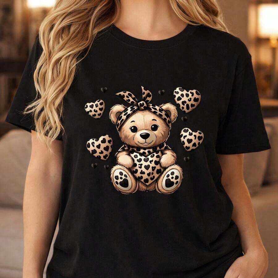 Style 1PC, Unisex Plus Size Cotton T-Shirt For Women And Men With Leopard Print And Bear Heart Design, Casual Black T-Shirt With Adorable Teddy Bear Graphic, Comfortable Fit Of Soft Pure Cotton, Fashionable Top For Valentine's Day! Short-Sleeved Printed T-Shirt, Casual And Stylish For Women. Perfect Fit. - 黑色 - 查看 1