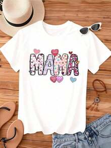 1 Piece Women's Mama T-Shirt With Cute Heart Print, Graphic Tee, Mother's Day Gift, Fashionable Casual Top For Mom, White, The Prints Are Fully Printed. Unisex. - 白色 - 查看 3