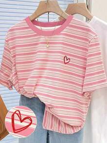 Camiseta de cuello redondo regular para mujer con estampado digital a rayas y bordado de lazo, regalo para amigos - Multicolor 2 - Ver 5
