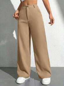 Pantalones rectos de unicolor casuales para mujer - Caqui - Ver 5