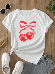 Women's Fitted White T-Shirt With Patriotic Ribbon And Cherry Print, Casual Chic Style. Casual Summer T-Shirt With Patriotic Graphic, Chic And Flattering Style For 4th Of July Parties. - YH571-白色 - 查看 2
