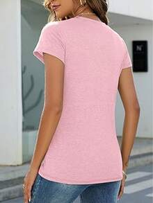 Regalo de camiseta de manga corta casual de cuello redondo suelto impresa arcoíris para primavera y verano para mujeres - Color rosa - Ver 2