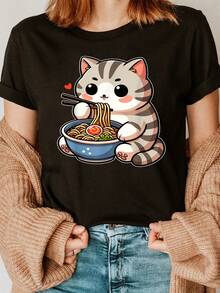 Comic Cat Ramen Fashionable Letter Print T-Shirt, Short Sleeve, Round Neck, Casual Top For Summer And Spring, Women's Clothing. - 黑色 - 查看 6