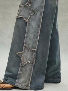 Jeans de pierna ancha de uso diario versátil con cintura con cordón y parche de estrella de cinco puntas para mujer - Azul lavado medio - Ver 4