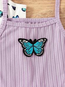 3pcs/Set Young Girls' Summer Fashion Versatile Butterfly Print Decorated Solid Color Ribbed Wave Hem Splicing Camisole Romper, Suitable For Outdoor Wear - Purple - View 8
