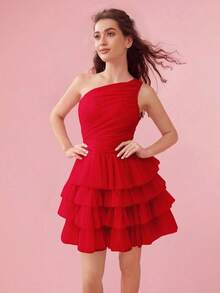 Vestido de malla asimétrico para mujeres con cuello y capa con volantes de unicolor para el verano - Rojo - Ver 6