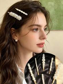 6 pièces Pinces à cheveux en perles pour femmes, pinces à cheveux élégantes françaises pour franges latérales, pinces à cheveux décontractées mignonnes et polyvalentes pour le trajet, pinces à pression, pinces à griffes - Multicolore - Voir 1