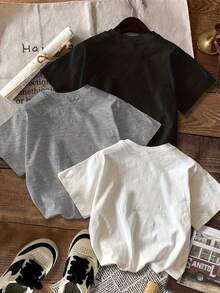 Conjunto de 1 pieza de camiseta casual de manga corta con cuello redondo para verano - Negro - Ver 2