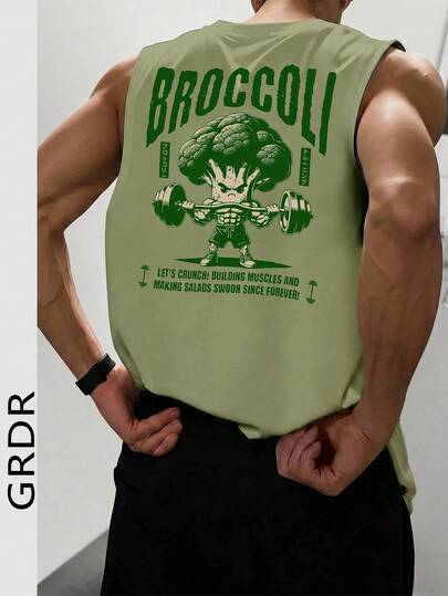  GRDR Men's Summer Broccoli & Dumbbell Print Casual Round Neck Tank Top