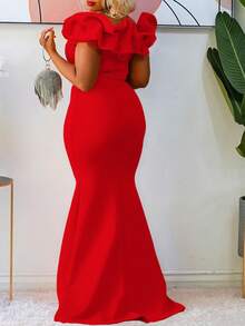 Women's 2026 Formal Long Party Dress, Solid Color, With Ruffle Edges, Fitted Cut And Mermaid Style Hem - Red - View 2