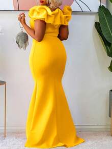 Vestido largo de fiesta formal 2026 para mujer, color liso, con bordes de volantes, corte ajustado y bajo estilo sirena - Burdeos - Ver 2