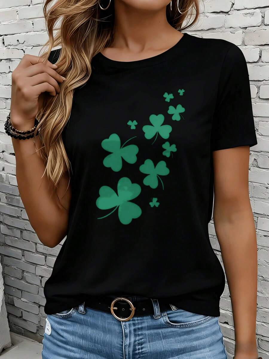 Women's Short-Sleeved T-Shirts In Black And White Are Suitable For Everyday Wear, Lounging At Home, And Outdoor Activities. This White T-Shirt Features A St. Patrick's Day Shamrock Print And Is A Casual, Short-Sleeved Top With A Lucky Shamrock Design, Perfect For Celebrating St. Patrick's Day Or As A Party Gift. - 黑色 - 查看 1