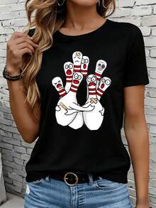 Women's Short-Sleeved T-Shirts In Black And White Are Suitable For Everyday Wear, Lounging At Home, And Outdoor Activities. This Fun Cartoon Bowling T-Shirt For Women Is A Casual White Blouse With A Bowling Design, Perfect For Daily Wear, Parties, Or Holidays. - 黑色 - 查看 1