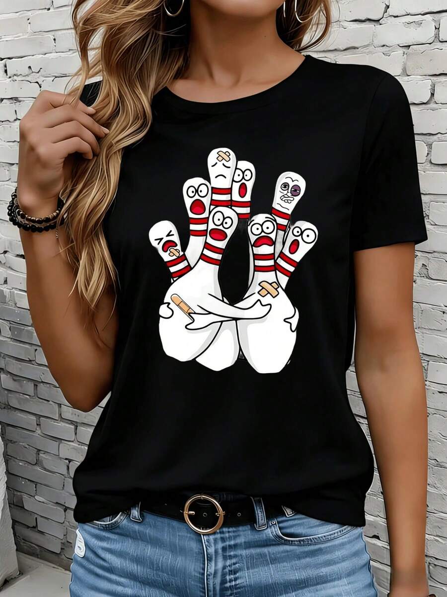 Women's Short-Sleeved T-Shirts In Black And White Are Suitable For Everyday Wear, Lounging At Home, And Outdoor Activities. This Fun Cartoon Bowling T-Shirt For Women Is A Casual White Blouse With A Bowling Design, Perfect For Daily Wear, Parties, Or Holidays. - 黑色 - 查看 1