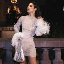 Elegant Fashion Sexy Mini Dress Women Feathers Tassel Full Sleeve See Through Dress Summer Pink Shinny Club Party Dress Outfit - White - View 5