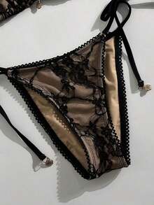 Swim Vcay - Conjunto de Bikini Triangular Sexy con Ribete de Encaje para Mujer, 2 Piezas, Conjunto de Bikini Halter con Tiras Simples para Vacaciones de Verano en la Playa - Negro - Ver 4