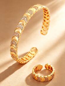 LIGHTSOME 2pcs/Set Women's Luxury Fashion Moon Open Bangle, 18K Gold Plated Copper With Zirconia, Middle Eastern Style Moon Tennis Bracelet Ring, Suitable For Daily Wear - Moon Bracelet Ring - View 4