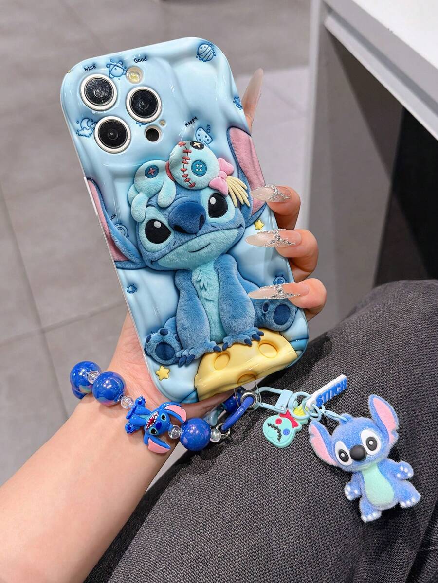 Disney Has Authorized, Phone Case - Chain Set, The Stitch Lilo & Stitch 3D Phone Case Plus A Silicone 3D Stitch Bracelet With Metallic Ring Removable Bracelet, Stitch And Angel Pattern, Compatible With Iphone17/16/15/14/13/12/11/XS/XR/X Plus Pro Max, A Stylish Cartoon Phone Case, The Perfect Gift Choice, Phone Protection, Durable Phone Cover, Great Gift For Friends And Family. - 白色 - 查看 1