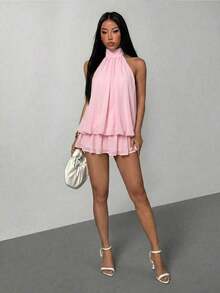 Vestido mini elegante de mujer con escote halter y lazo en color beige - Rosa Pálido - Ver 5