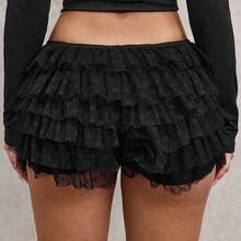 Plus Size Women's Fashion Sexy Street Teen Girls Polka Dot Lace Ruffle Trim Low Waist Mini Shorts, Ballet Style, Suitable For Everyday Wear, Western Wear, Cruise Attire, Music Festival, Concert, Carnival Party, Beach Vacation, Date Night, Birthday, Bachelorette Party, Club, Cute, Casual, Shopping, Streetwear, Going Out, Easy To Match & Looks Slim, Accent Your Body, Flatter The Figure Mini Short Micro Short - Negro - Ver 3