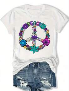 Women's Plus Size Black T-Shirt With Vibrant Floral Design And Peace Symbol - Casual Crew Neck, Short Sleeve, Summer And Spring Top, Casual Wear | Peace Symbol Top | Stretch Fabric - 白色 - 查看 6