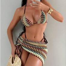 2026 New Wave Pattern Knit Bikini Three-Piece Set Beach Vacation Halter Neck Tie Swimwear For Women - Light Curry Color - View 2