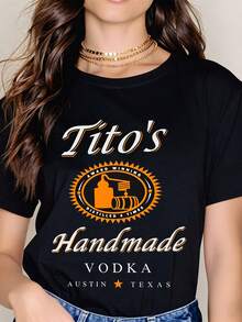 Titos Handmade Vodka Logo T Shirt White Crew Neck Short Sleeve Graphic Print With Award Winning Distilled Six Times Text And Bottle Barrel Design - 黑色 - 查看 1