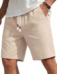 Men's Casual Cotton Linen Shorts Elastic Waist Drawstring Shorts Summer Beach Vacation - 米色 - 查看 8