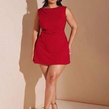Plus Size Women's Sleeveless V-Neck Waist Ruched Beaded Back Zipper Dress, 
Plus-Size Women's White Knit Pearl Dress, Versatile For Date Nights, Elegant Cocktail Parties/Music Festivals/Dates/Parties/Nightclubs/Outings/Street Style/Summer Wear, Women's Summer Outfits, Summer Vacation Outfits, Women's Holiday Outfits, Short Dress. - Negro - Ver 4