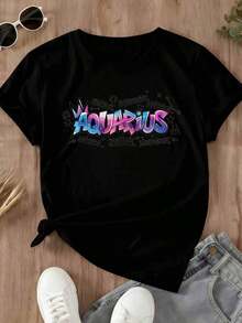 1 Piece Of Loose-Fitting Casual T-Shirt With Aquarius Zodiac Sign Graphic Print, Abstract, Expressive, Analytical, Bright And Independent Design For Daily Wear And Sports Activities, 180g 100% Cotton. - 黑色 - 查看 3