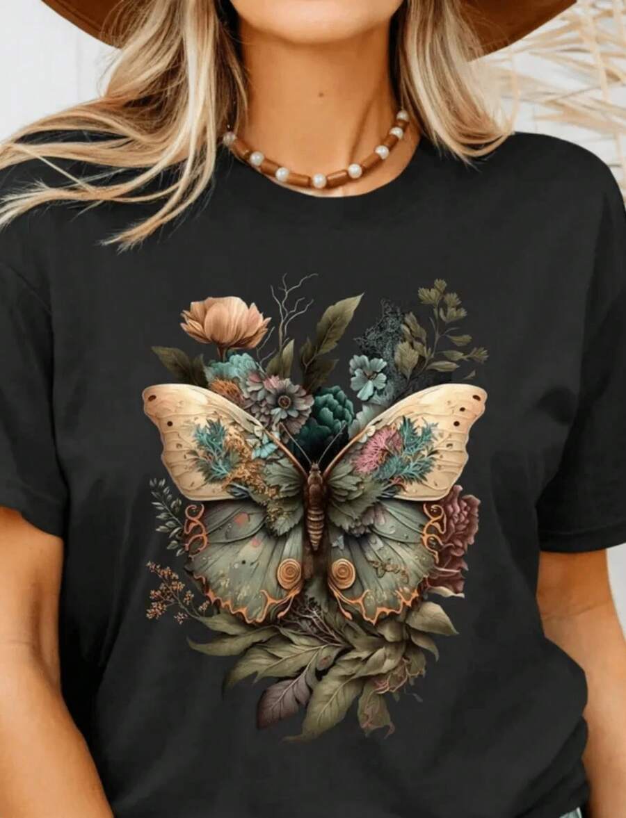 1 Piece Y2K Gothic Graphic T-Shirt With Butterfly Sword, Floral Print Witch T-Shirt, Dark Boho Grunge Fairy Style Top, Emo Alternative Clothing, Gothic Gift For Her, 180g 100% Cotton - 黑色 3 - 查看 1