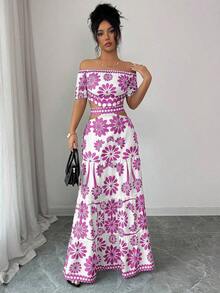 de moda con estampado floral, hombros descubiertos, manga corta y cintura hueca - Morado - Ver 6