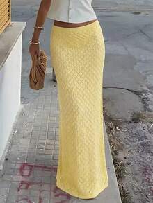 Falda larga de ganchillo de punto amarilla de verano para mujer, elegante y casual, con diseño de cola de pez hueco, adecuada para usar en la playa, vacaciones y fiestas en la piscina - Amarillo - Ver 3
