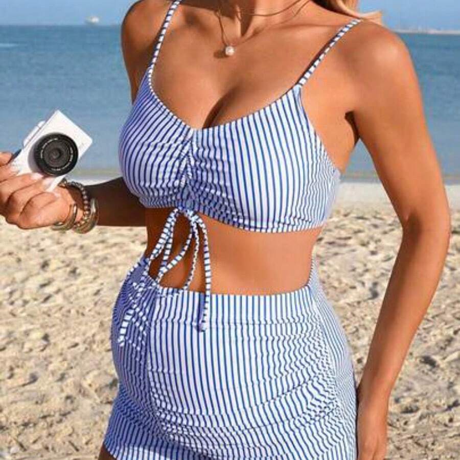 Swim Vcay Conjunto de bikini de maternidad a rayas, traje de baño casual para vacaciones de mujer 2026 Nuevo, adecuado para escuela, vacaciones, citas, té de la tarde, estilo occidental, crucero, playa, isla, viaje por carretera, todas las estaciones, festival de música, vacaciones bohemias, vacaciones bohemias, otoño relajado, estilo boho occidental, blusas elegantes para mujer, conjuntos de vacaciones de verano para mujer de 2 piezas, conjuntos de coordinados de verano para mujer, trajes de ba - Multicolor - Ver 1
