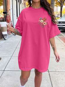 Plus Size T-Shirt With Summer Floral Print - 紫紅色 2 - 查看 2