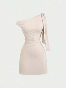 Sweetro Vestido ajustado sexy con volantes en el hombro oblicuo, que ciñe la cintura, estilo francés chic, minifalda ajustado - Caqui - Ver 7